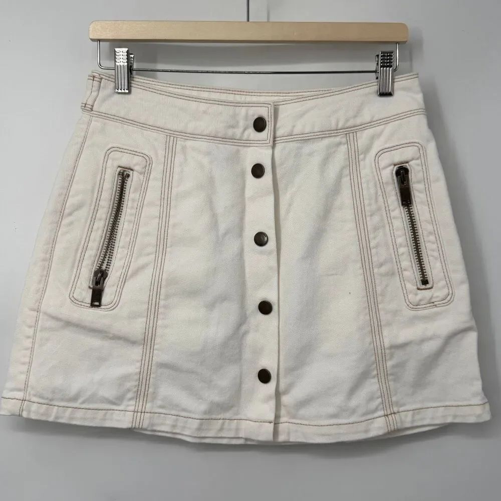 Reiss White Cream Hailey Denim Button Front Zip Pocket A-Line Mini Skirt Size 10